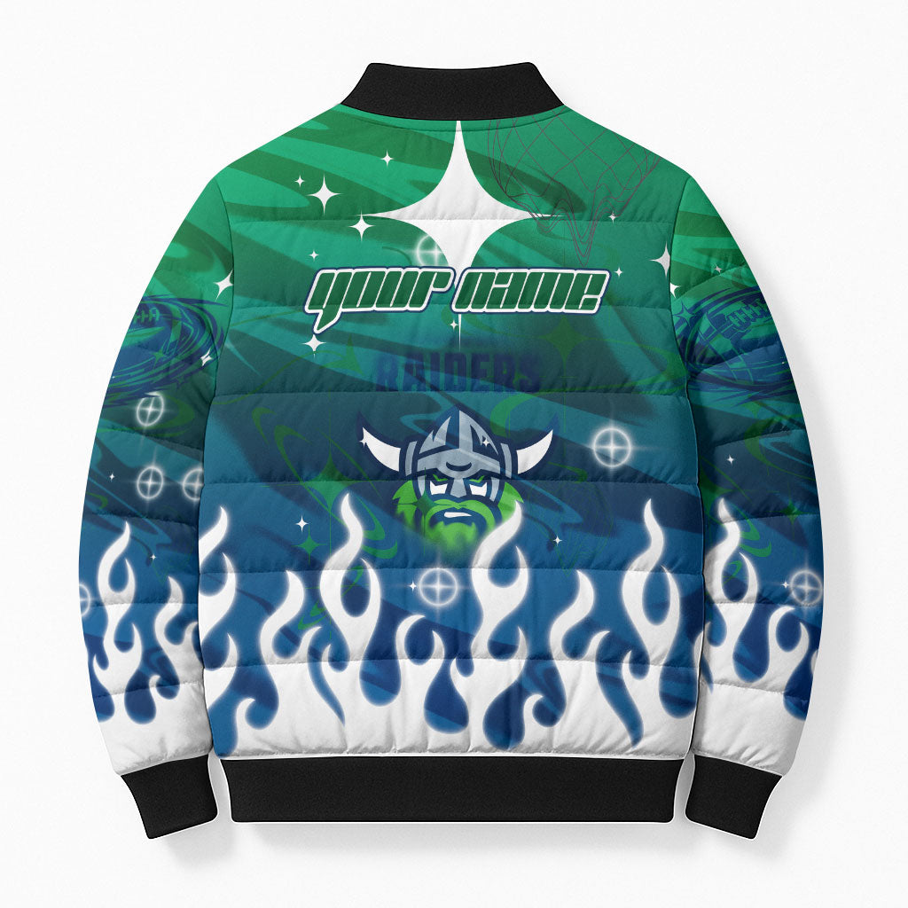 Personalized Canberra Raiders Bomber Puffer Jacket Y2K Grunge Aesthetic With Cyber Flames and Starburst Graphics