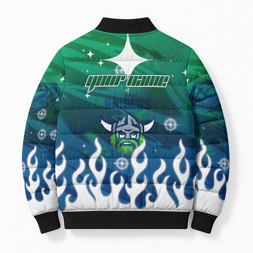 Personalized Canberra Raiders Bomber Puffer Jacket Y2K Grunge Aesthetic With Cyber Flames and Starburst Graphics