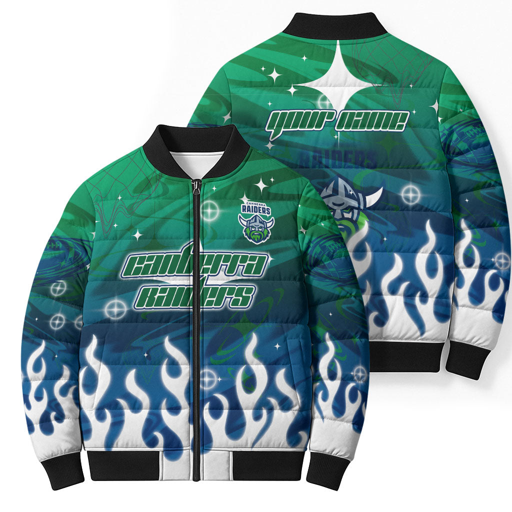 Personalized Canberra Raiders Bomber Puffer Jacket Y2K Grunge Aesthetic With Cyber Flames and Starburst Graphics