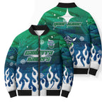 Personalized Canberra Raiders Bomber Puffer Jacket Y2K Grunge Aesthetic With Cyber Flames and Starburst Graphics