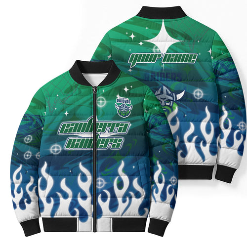 Personalized Canberra Raiders Bomber Puffer Jacket Y2K Grunge Aesthetic With Cyber Flames and Starburst Graphics