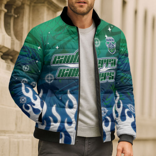 Personalized Canberra Raiders Bomber Puffer Jacket Y2K Grunge Aesthetic With Cyber Flames and Starburst Graphics