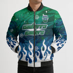 Personalized Canberra Raiders Bomber Puffer Jacket Y2K Grunge Aesthetic With Cyber Flames and Starburst Graphics