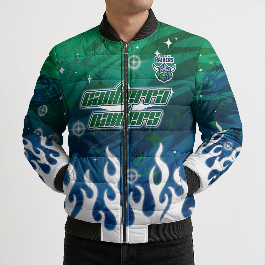 Personalized Canberra Raiders Bomber Puffer Jacket Y2K Grunge Aesthetic With Cyber Flames and Starburst Graphics