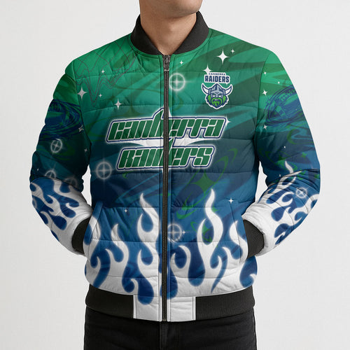 Personalized Canberra Raiders Bomber Puffer Jacket Y2K Grunge Aesthetic With Cyber Flames and Starburst Graphics