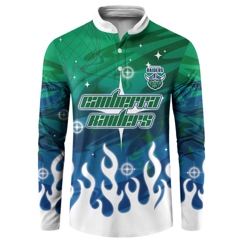Personalized Canberra Raiders Button Sweatshirt Y2K Grunge Aesthetic With Cyber Flames and Starburst Graphics
