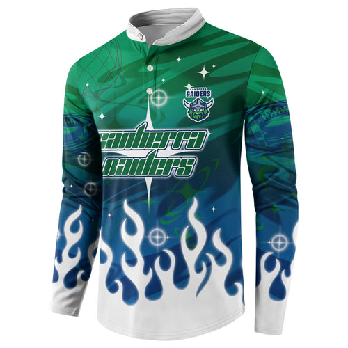 Personalized Canberra Raiders Button Sweatshirt Y2K Grunge Aesthetic With Cyber Flames and Starburst Graphics