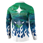 Personalized Canberra Raiders Button Sweatshirt Y2K Grunge Aesthetic With Cyber Flames and Starburst Graphics