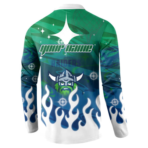 Personalized Canberra Raiders Button Sweatshirt Y2K Grunge Aesthetic With Cyber Flames and Starburst Graphics