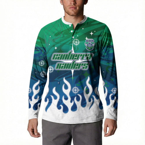 Personalized Canberra Raiders Button Sweatshirt Y2K Grunge Aesthetic With Cyber Flames and Starburst Graphics