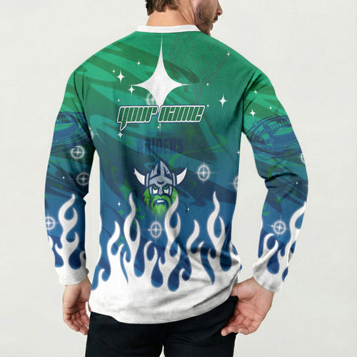 Personalized Canberra Raiders Button Sweatshirt Y2K Grunge Aesthetic With Cyber Flames and Starburst Graphics