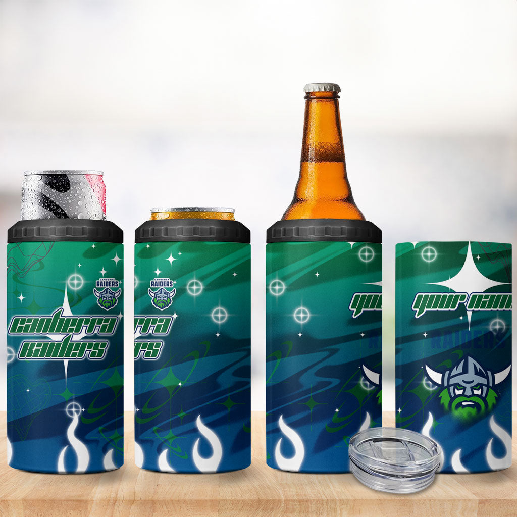 Personalized Canberra Raiders 4 in 1 Can Cooler Tumbler Y2K Grunge Aesthetic With Cyber Flames and Starburst Graphics
