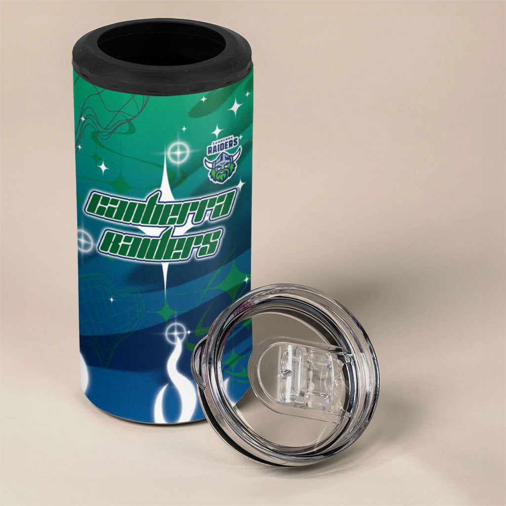 Personalized Canberra Raiders 4 in 1 Can Cooler Tumbler Y2K Grunge Aesthetic With Cyber Flames and Starburst Graphics
