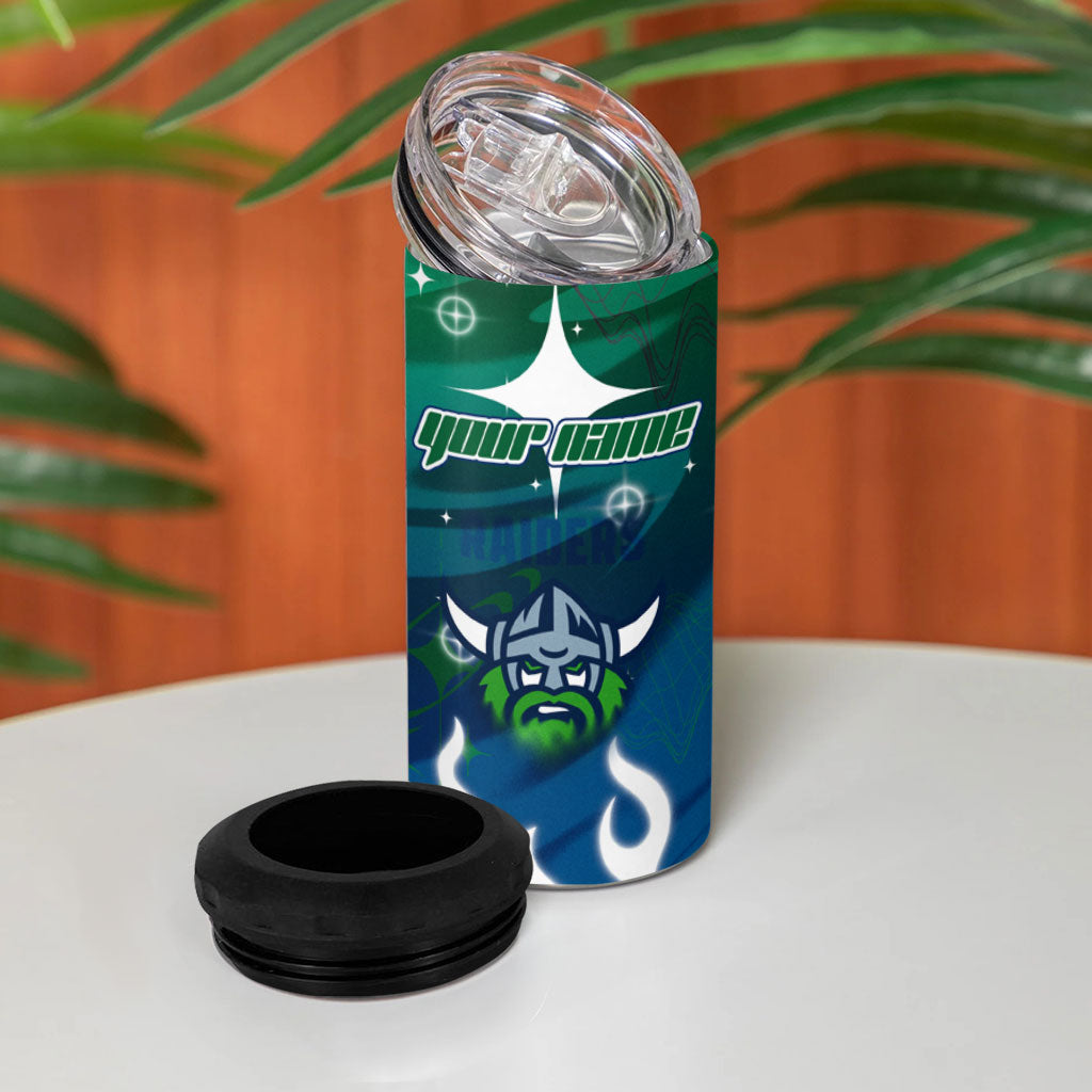 Personalized Canberra Raiders 4 in 1 Can Cooler Tumbler Y2K Grunge Aesthetic With Cyber Flames and Starburst Graphics