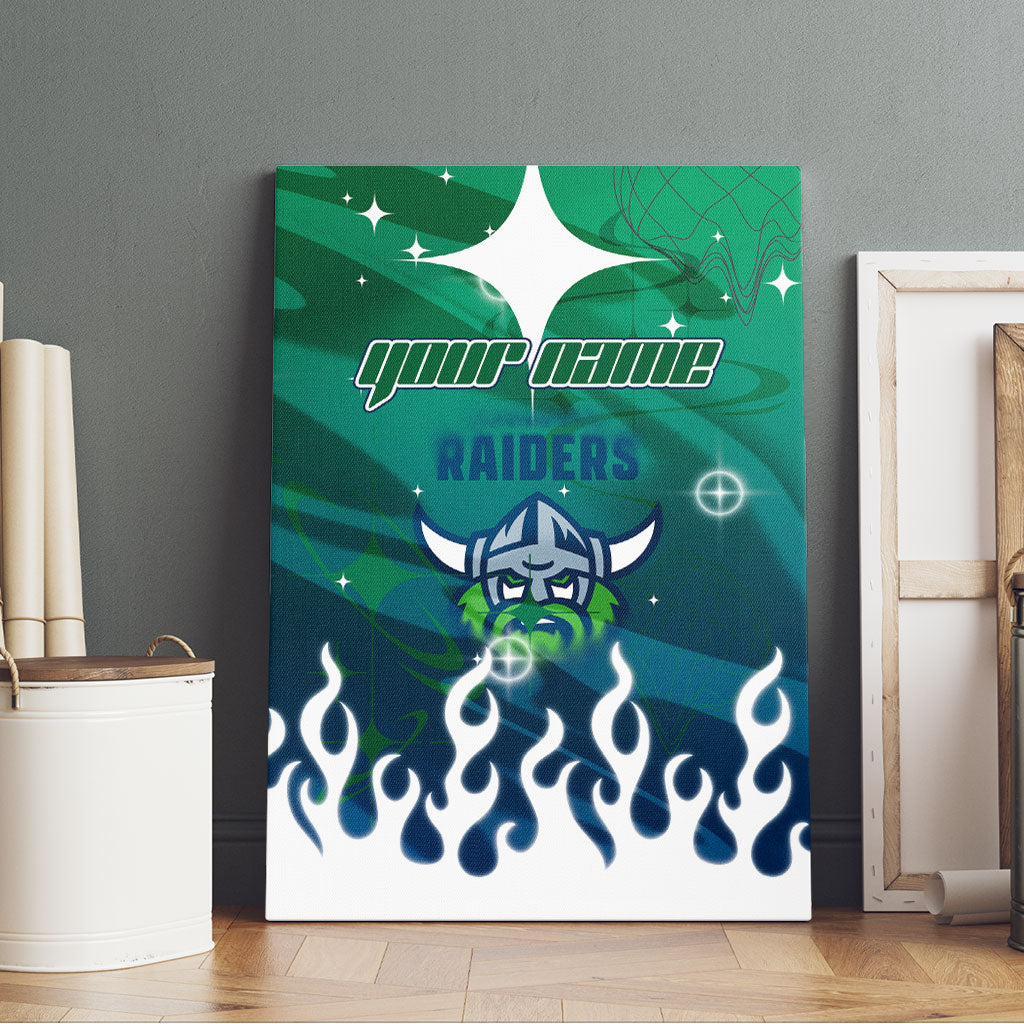 Personalized Canberra Raiders Canvas Wall Art Y2K Grunge Aesthetic With Cyber Flames and Starburst Graphics