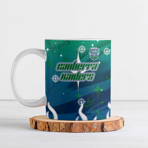 Personalized Canberra Raiders Ceramic Mug Y2K Grunge Aesthetic With Cyber Flames and Starburst Graphics