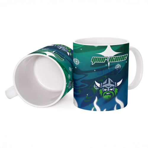 Personalized Canberra Raiders Ceramic Mug Y2K Grunge Aesthetic With Cyber Flames and Starburst Graphics