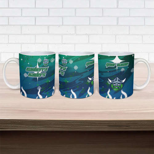 Personalized Canberra Raiders Ceramic Mug Y2K Grunge Aesthetic With Cyber Flames and Starburst Graphics