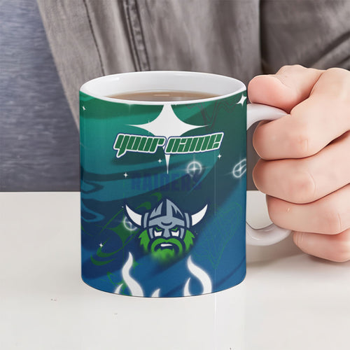 Personalized Canberra Raiders Ceramic Mug Y2K Grunge Aesthetic With Cyber Flames and Starburst Graphics