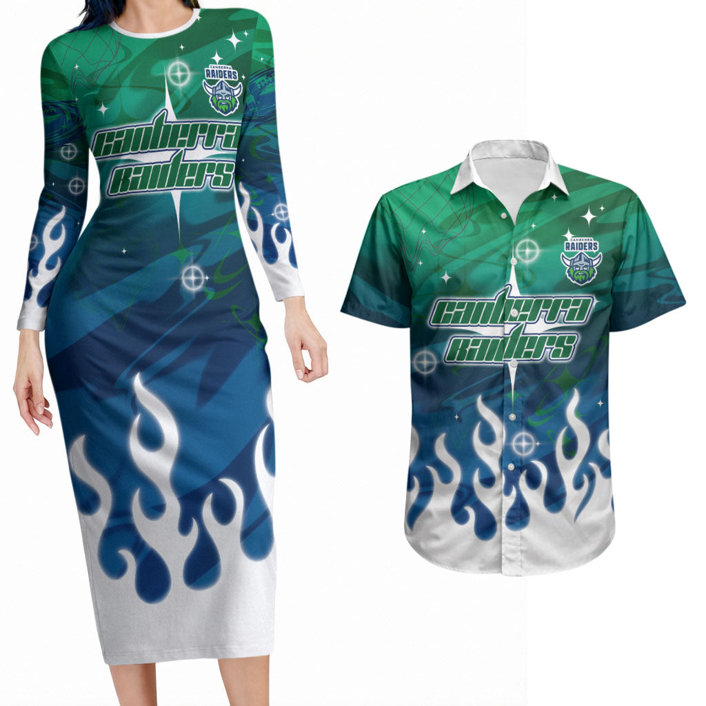 Personalized Canberra Raiders Couples Matching Long Sleeve Bodycon Dress and Hawaiian Shirt Y2K Grunge Aesthetic With Cyber Flames and Starburst Graphics