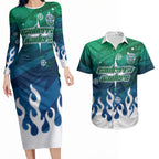 Personalized Canberra Raiders Couples Matching Long Sleeve Bodycon Dress and Hawaiian Shirt Y2K Grunge Aesthetic With Cyber Flames and Starburst Graphics