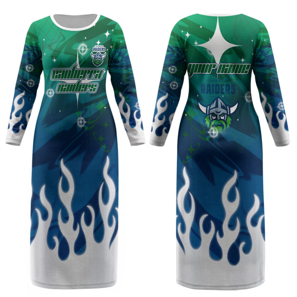 Personalized Canberra Raiders Couples Matching Long Sleeve Bodycon Dress and Hawaiian Shirt Y2K Grunge Aesthetic With Cyber Flames and Starburst Graphics