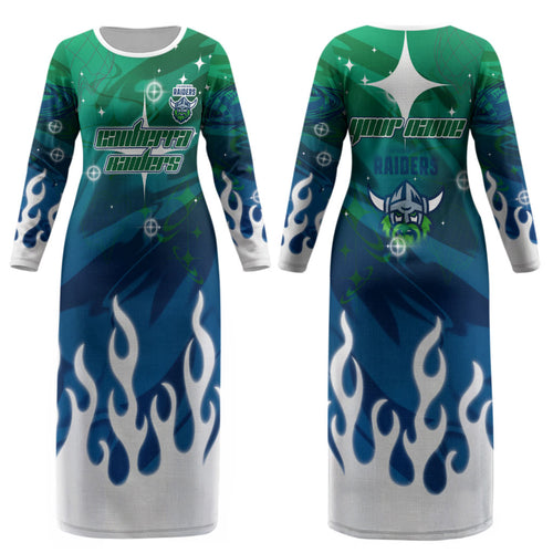 Personalized Canberra Raiders Couples Matching Long Sleeve Bodycon Dress and Hawaiian Shirt Y2K Grunge Aesthetic With Cyber Flames and Starburst Graphics