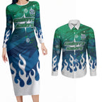 Personalized Canberra Raiders Couples Matching Long Sleeve Bodycon Dress and Long Sleeve Button Shirt Y2K Grunge Aesthetic With Cyber Flames and Starburst Graphics