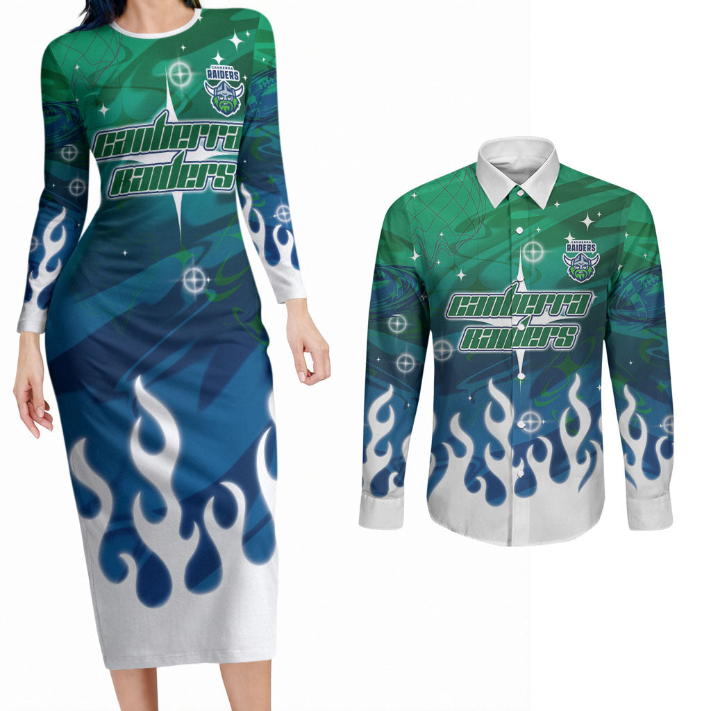 Personalized Canberra Raiders Couples Matching Long Sleeve Bodycon Dress and Long Sleeve Button Shirt Y2K Grunge Aesthetic With Cyber Flames and Starburst Graphics