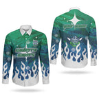 Personalized Canberra Raiders Couples Matching Long Sleeve Bodycon Dress and Long Sleeve Button Shirt Y2K Grunge Aesthetic With Cyber Flames and Starburst Graphics