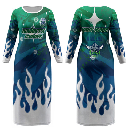 Personalized Canberra Raiders Couples Matching Long Sleeve Bodycon Dress and Long Sleeve Button Shirt Y2K Grunge Aesthetic With Cyber Flames and Starburst Graphics