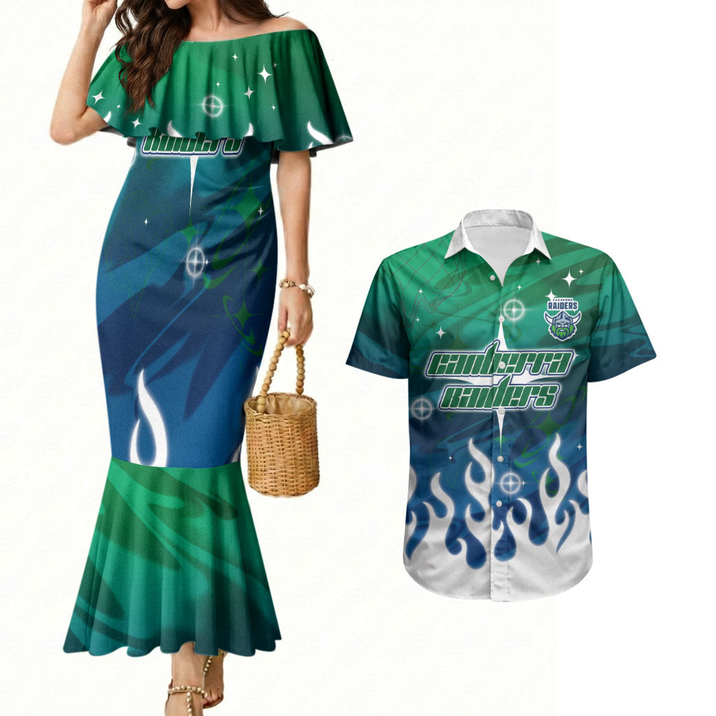 Personalized Canberra Raiders Couples Matching Mermaid Dress and Hawaiian Shirt Y2K Grunge Aesthetic With Cyber Flames and Starburst Graphics