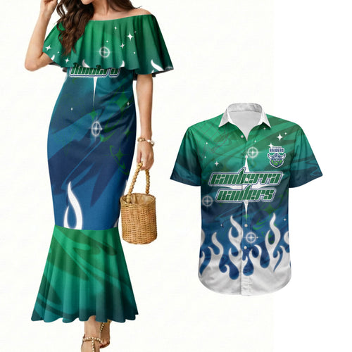 Personalized Canberra Raiders Couples Matching Mermaid Dress and Hawaiian Shirt Y2K Grunge Aesthetic With Cyber Flames and Starburst Graphics