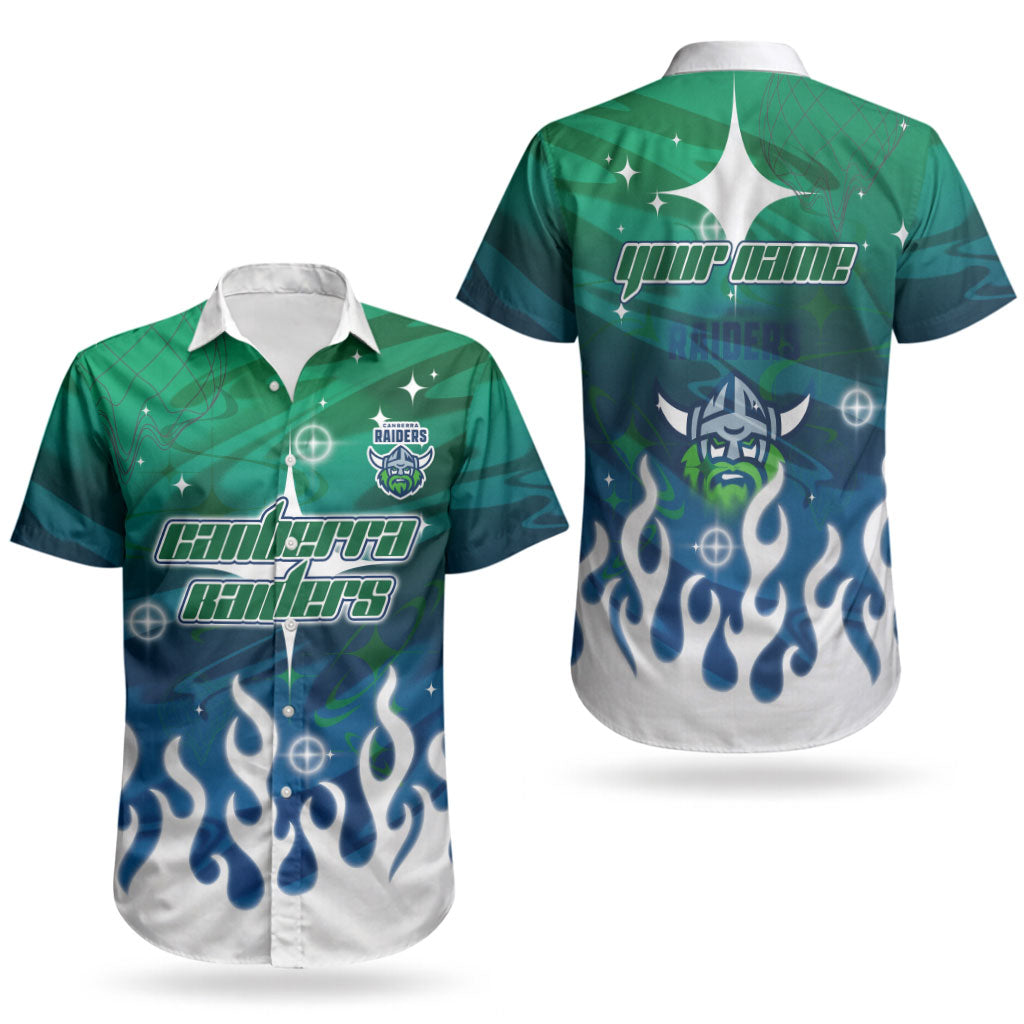 Personalized Canberra Raiders Couples Matching Mermaid Dress and Hawaiian Shirt Y2K Grunge Aesthetic With Cyber Flames and Starburst Graphics