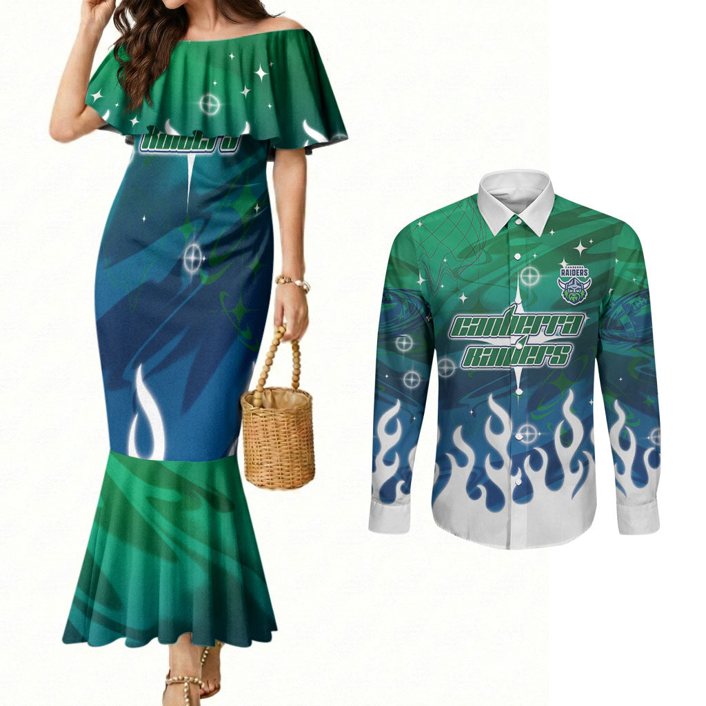 Personalized Canberra Raiders Couples Matching Mermaid Dress and Long Sleeve Button Shirt Y2K Grunge Aesthetic With Cyber Flames and Starburst Graphics