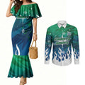 Personalized Canberra Raiders Couples Matching Mermaid Dress and Long Sleeve Button Shirt Y2K Grunge Aesthetic With Cyber Flames and Starburst Graphics