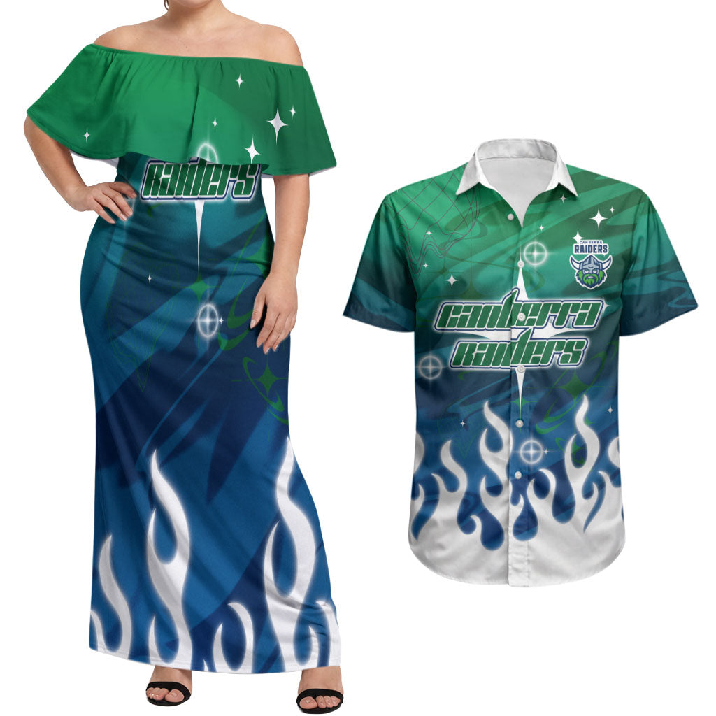 Personalized Canberra Raiders Couples Matching Off Shoulder Maxi Dress and Hawaiian Shirt Y2K Grunge Aesthetic With Cyber Flames and Starburst Graphics