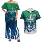 Personalized Canberra Raiders Couples Matching Off Shoulder Maxi Dress and Hawaiian Shirt Y2K Grunge Aesthetic With Cyber Flames and Starburst Graphics