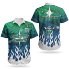 Personalized Canberra Raiders Couples Matching Off Shoulder Maxi Dress and Hawaiian Shirt Y2K Grunge Aesthetic With Cyber Flames and Starburst Graphics