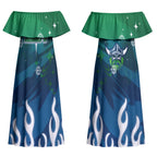 Personalized Canberra Raiders Couples Matching Off Shoulder Maxi Dress and Hawaiian Shirt Y2K Grunge Aesthetic With Cyber Flames and Starburst Graphics