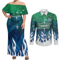 Personalized Canberra Raiders Couples Matching Off Shoulder Maxi Dress and Long Sleeve Button Shirt Y2K Grunge Aesthetic With Cyber Flames and Starburst Graphics