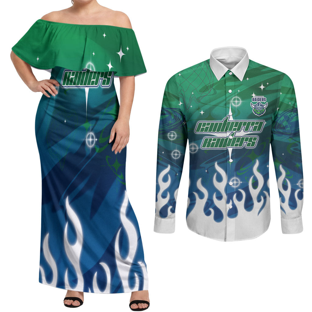 Personalized Canberra Raiders Couples Matching Off Shoulder Maxi Dress and Long Sleeve Button Shirt Y2K Grunge Aesthetic With Cyber Flames and Starburst Graphics