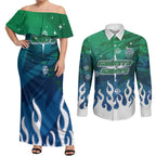 Personalized Canberra Raiders Couples Matching Off Shoulder Maxi Dress and Long Sleeve Button Shirt Y2K Grunge Aesthetic With Cyber Flames and Starburst Graphics