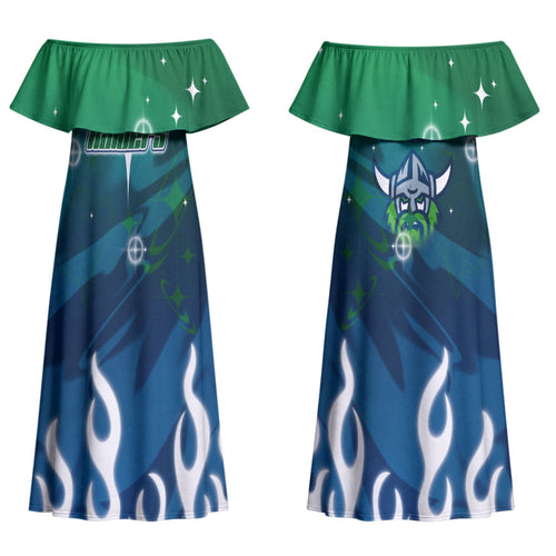 Personalized Canberra Raiders Couples Matching Off Shoulder Maxi Dress and Long Sleeve Button Shirt Y2K Grunge Aesthetic With Cyber Flames and Starburst Graphics