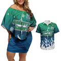 Personalized Canberra Raiders Couples Matching Off Shoulder Short Dress and Hawaiian Shirt Y2K Grunge Aesthetic With Cyber Flames and Starburst Graphics