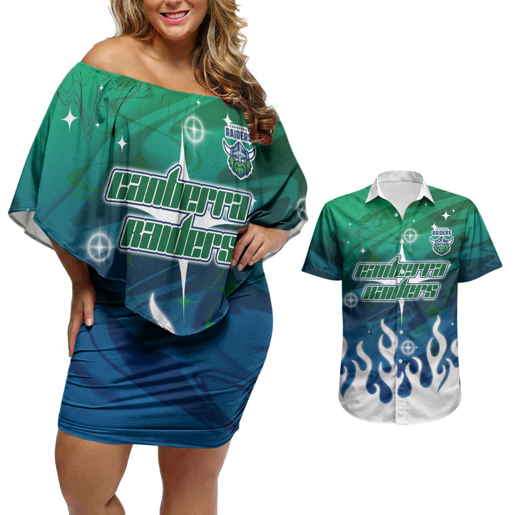 Personalized Canberra Raiders Couples Matching Off Shoulder Short Dress and Hawaiian Shirt Y2K Grunge Aesthetic With Cyber Flames and Starburst Graphics