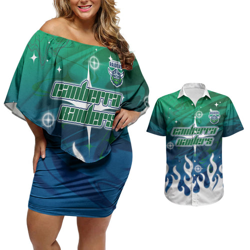 Personalized Canberra Raiders Couples Matching Off Shoulder Short Dress and Hawaiian Shirt Y2K Grunge Aesthetic With Cyber Flames and Starburst Graphics