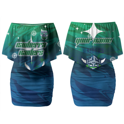 Personalized Canberra Raiders Couples Matching Off Shoulder Short Dress and Hawaiian Shirt Y2K Grunge Aesthetic With Cyber Flames and Starburst Graphics
