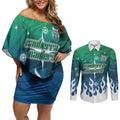 Personalized Canberra Raiders Couples Matching Off Shoulder Short Dress and Long Sleeve Button Shirt Y2K Grunge Aesthetic With Cyber Flames and Starburst Graphics