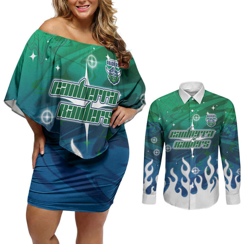 Personalized Canberra Raiders Couples Matching Off Shoulder Short Dress and Long Sleeve Button Shirt Y2K Grunge Aesthetic With Cyber Flames and Starburst Graphics